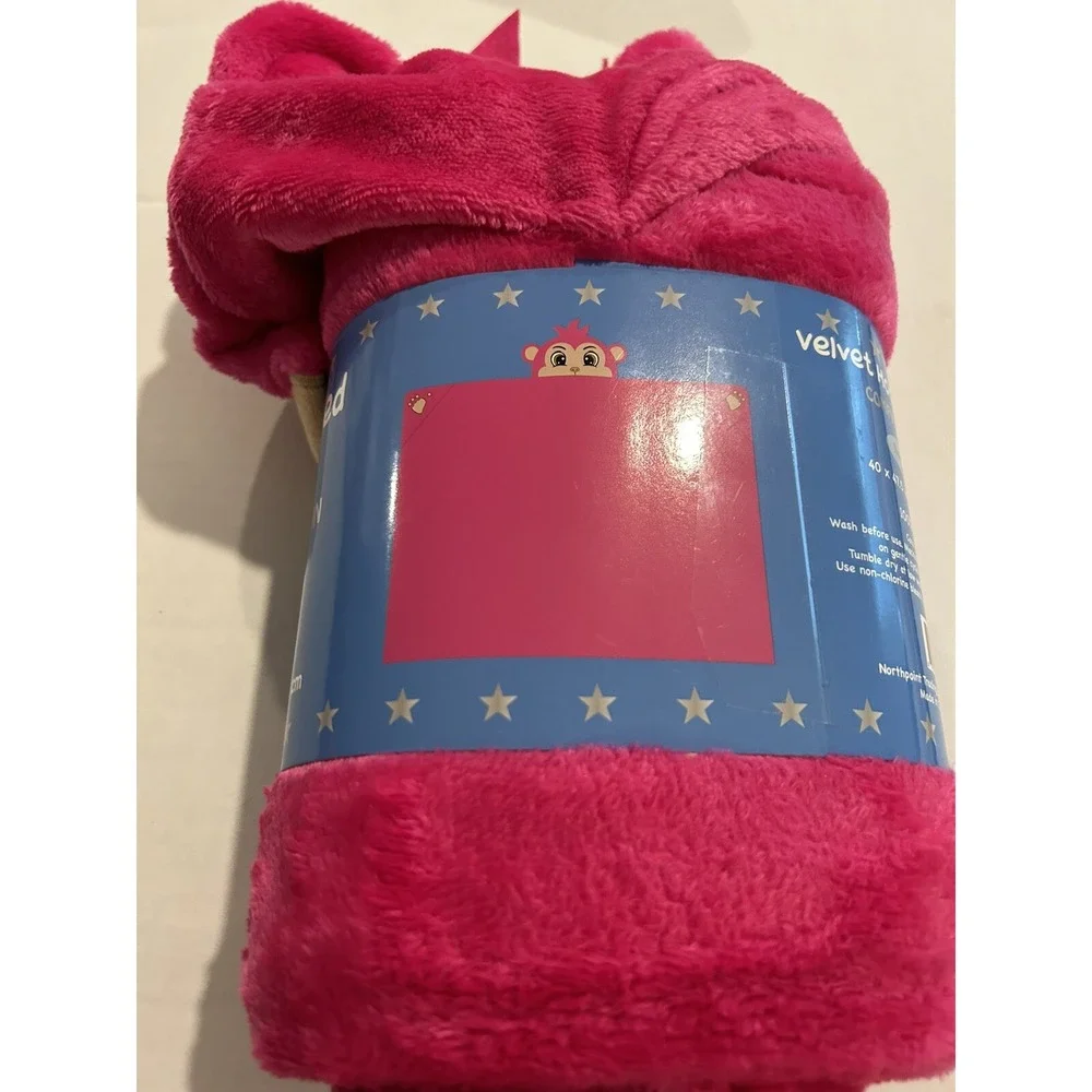 Monkey Pink Velvet Hooded Blanket New Kids Plush Birthday‎ Christmas 40 X 47.5